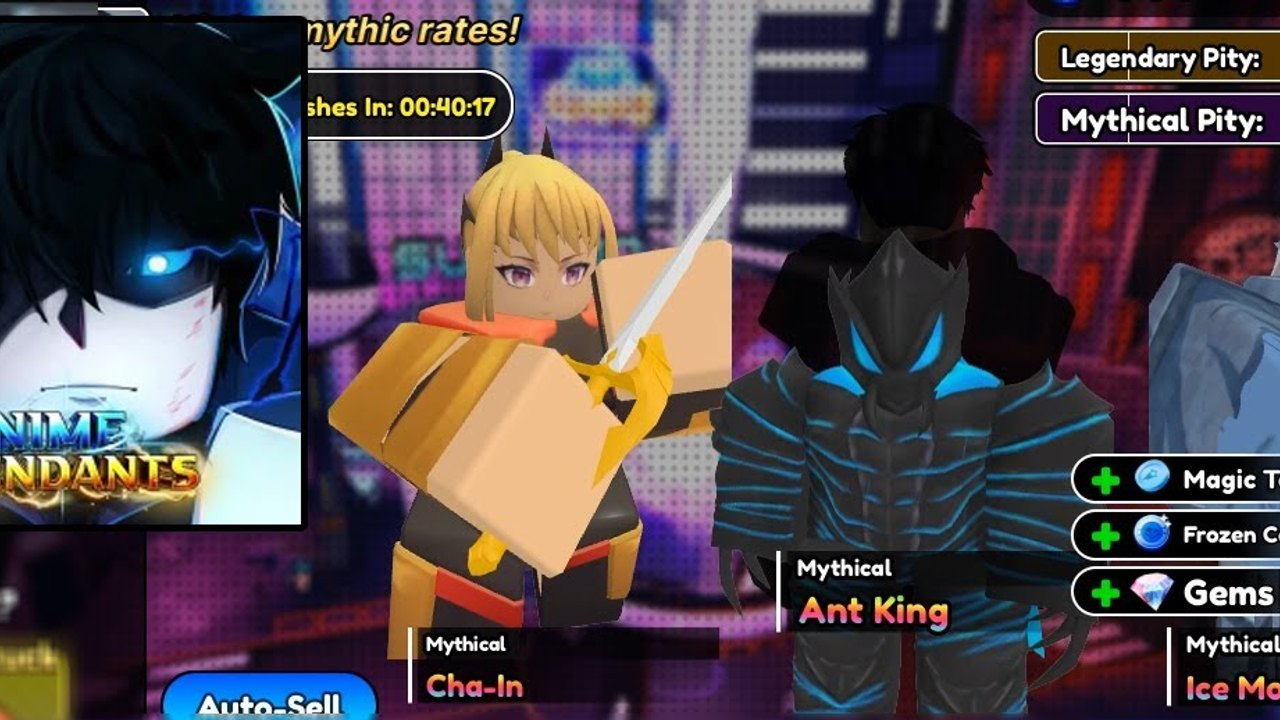 Anime Ascendants summon lobby HUD showing pity counters, Magic Tokens, and gem rewards